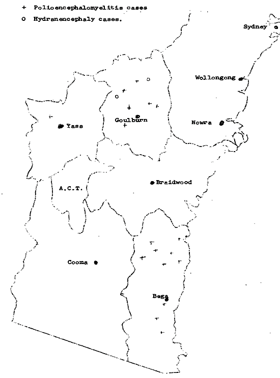 Map showing location of cases of polio encephalomyelistis NSW