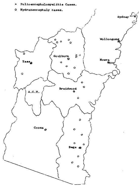 Map showing location of cases of polio encephalomyelistis NSW