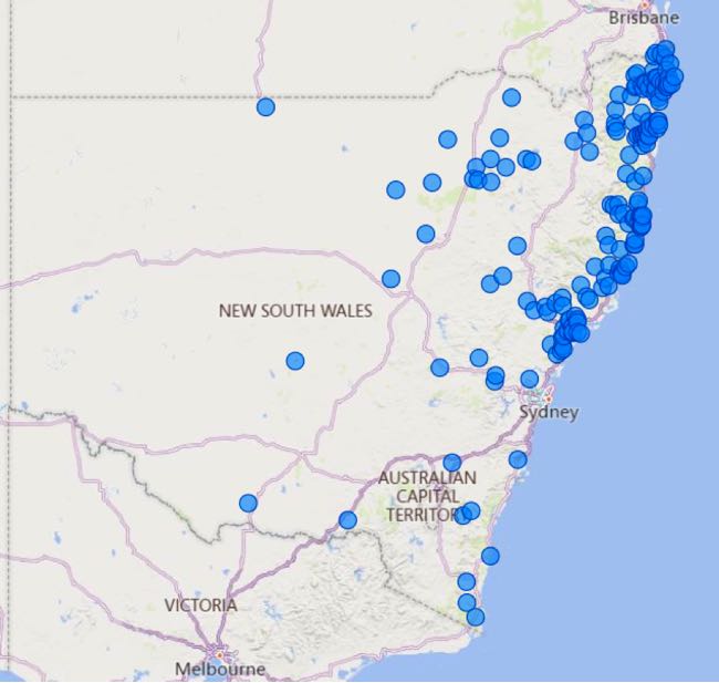 Map of south-eastern Australina showing outbreaks of copper deficiency in livestock