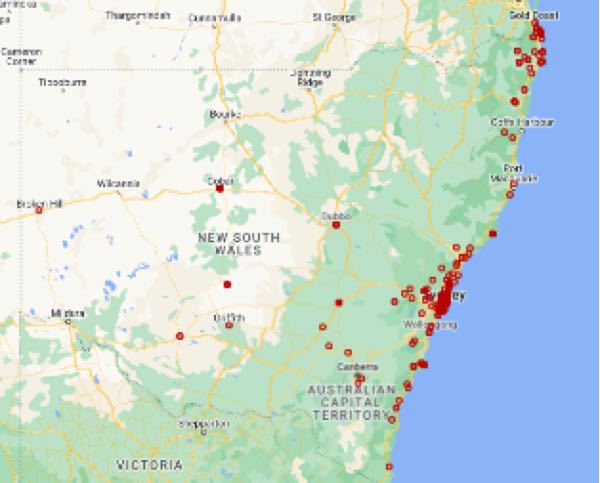 Map of NSW showing red dots